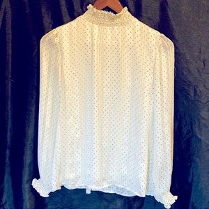 Sara Michele blouse ruched  off white w/ black polka dots sheer with liner